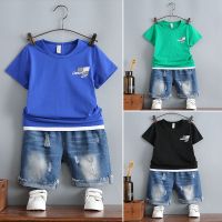 [促销]波啦酷[95棉T恤+牛仔裤]2018男童韩版中大童套装短袖夏季两件套