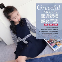 [促销][限量抢1000件,抢完恢复25.5]童装女童2017春装新款条纹连衣裙儿童韩版春秋休闲长袖裙子女潮 竖条纹腰带