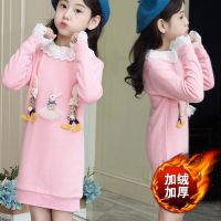 [促销]女童中大童秋冬装中长款打底衫加绒加厚包臀蕾丝裙韩版连衣裙保暖