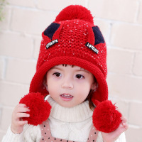[促销]女宝宝帽子秋冬加绒毛线帽2-3-5岁套头帽儿童帽子婴儿帽子护耳帽
