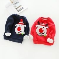 [促销]男女童加绒加厚卫衣2018冬装新款宝宝刺绣圣诞上衣儿童休闲打底衫