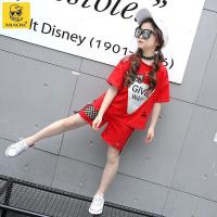 [促销]女童套装3韩版夏装5中大童7棉短袖T恤9短裤11岁女孩破洞两件套