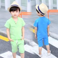 [促销]童装2018夏新款儿童夏季男童短袖五分裤防蚊裤套装男童棉麻两件套