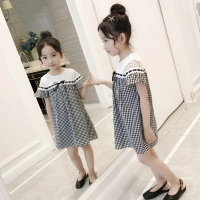 [促销]女童连衣裙夏款2018新款洋气童装女中大童格子娃娃裙短袖儿童裙子