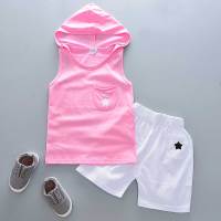 [促销][儿童棉质短袖套装]全棉童装男女童夏装2017新款短袖连帽背心套装韩版宝宝潮儿童男装1-8周岁
