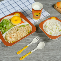 [促销]竹纤维儿童餐具套装吃饭家用宝宝餐盘婴儿分格防摔盘卡通饭碗分隔防摔环保竹纤维饭餐盘宝宝碗叉筷子勺子套装可爱饭碗宝宝