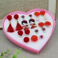 [促销]儿童长款无耳洞耳环套装袋生日公主流苏耳夹防痛假耳钉戒指