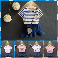 [促销]女童套装2018夏新款小女孩100%棉条纹短袖T恤宝宝牛仔短裙两件套