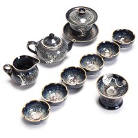 新款建盏镶鎏银茶具套装曜变天目釉功夫茶具整套礼品陶瓷茶壶茶杯 11入曜变镶纯银茶壶盖碗
