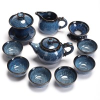 新款建盏镶鎏银茶具套装曜变天目釉功夫茶具整套礼品陶瓷茶壶茶杯 11入蓝菲茶壶