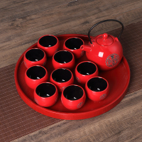 中国红色双喜陶瓷敬茶杯壶结婚茶具套装婚庆送礼用品新婚礼品 内黑外红双喜1壶10杯+圆盘