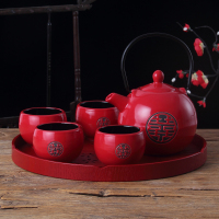 中国红色双喜陶瓷敬茶杯壶结婚茶具套装婚庆送礼用品新婚礼品 内黑外红双喜1壶4杯+樱花盘