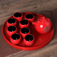 中国红色双喜陶瓷敬茶杯壶结婚茶具套装婚庆送礼用品新婚礼品 内黑外红双喜1壶8杯+圆盘