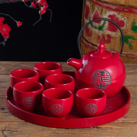 中国红色双喜陶瓷敬茶杯壶结婚茶具套装婚庆送礼用品新婚礼品 纯红双喜1壶6杯+樱花盘