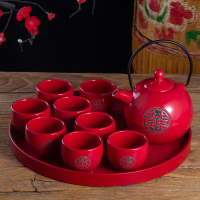 中国红色双喜陶瓷敬茶杯壶结婚茶具套装婚庆送礼用品新婚礼品 纯红双喜1壶8杯+圆盘