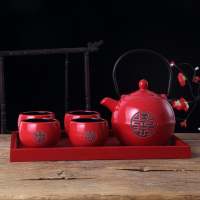 中国红色双喜陶瓷敬茶杯壶结婚茶具套装婚庆送礼用品新婚礼品 内黑外红双喜1壶4杯+30长方盘