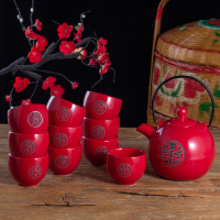 中国红色双喜陶瓷敬茶杯壶结婚茶具套装婚庆送礼用品新婚礼品 纯红双喜1壶10杯