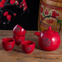 中国红色双喜陶瓷敬茶杯壶结婚茶具套装婚庆送礼用品新婚礼品 纯红双喜1壶4杯