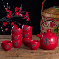 中国红色双喜陶瓷敬茶杯壶结婚茶具套装婚庆送礼用品新婚礼品 纯红双喜1壶8杯