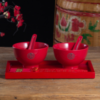 中国红色双喜陶瓷敬茶杯壶结婚茶具套装婚庆送礼用品新婚礼品 纯红双喜碗(2碗2勺2筷)+木盘