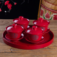 中国红色双喜陶瓷敬茶杯壶结婚茶具套装婚庆送礼用品新婚礼品 (双喜)盖碗(4个)+樱花盘