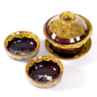 窑变茶具家用茶具套装功夫茶具套装天目釉钧窑陶瓷茶杯茶盏泡茶器 黄金款窑变-一盖碗两杯-泡沫包装