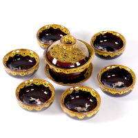 窑变茶具家用茶具套装功夫茶具套装天目釉钧窑陶瓷茶杯茶盏泡茶器 黄金款窑变-一盖碗六杯-泡沫包装