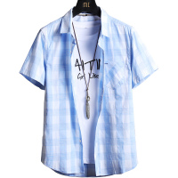 公牛欢腾短袖衬衫男士2020新款夏季修身格子薄款韩版潮流衬衣休闲宽松外套