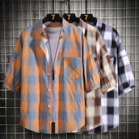 公牛欢腾2020夏季新款短袖衬衫男青少年休闲宽松中袖衬衣男帅气格子寸衫潮