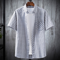 公牛欢腾2020青少年休闲修身格子短袖衬衫男夏季新款学生帅气百搭男装上衣潮流