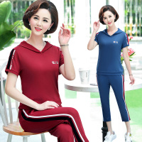 公牛欢腾2020中老年人女装夏季连帽套装新款时尚5060岁妈妈短袖运动休闲两件套