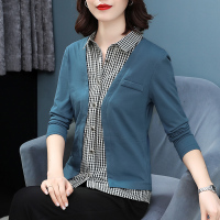 公牛欢腾2020秋装新款宽松假两件格子长袖恤女百搭秋冬打底衫女士内搭上衣