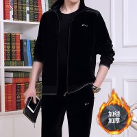 公牛欢腾2020新款男装秋冬季加绒加厚保暖套装爸爸装金貂绒休闲运动三件套