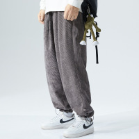 公牛欢腾2021大码灯芯绒休闲长裤子男秋季潮胖子宽松加肥加大纯色卫裤束脚抽绳