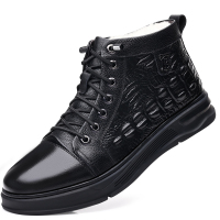 公牛欢腾2021高帮鞋男靴秋冬季新款厚底加绒羊毛一体鳄鱼皮鞋皮靴真皮男鞋