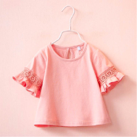[俏果儿][2-3-4-5-6-7岁]女童装蕾丝花边圆领喇叭袖T恤2019新款纯色上衣