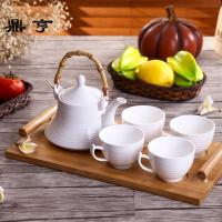 鼎亨中式复古简约纯白陶瓷水壶水杯套装耐热茶壶6件套配竹木茶托