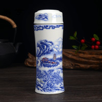 鼎亨双层陶瓷保温杯内胆陶瓷水杯子车载旅游杯青花商务办公茶杯景