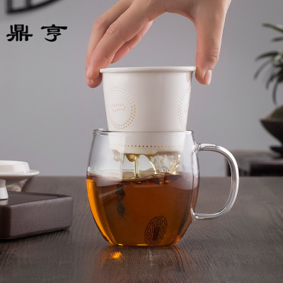 鼎亨国际 玻璃陶瓷泡茶杯 加厚耐热玻璃杯身陶瓷过滤内胆茶杯子