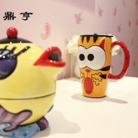 鼎亨仟度 彩绘陶瓷杯 创意时尚马克杯 带盖带勺咖啡杯 大容量卡通