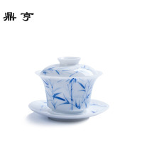 鼎亨手绘竹影盖碗 清新手工绘画薄胎青白瓷三才茶碗茶杯泡茶雅器1