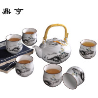 鼎亨景德镇提梁壶茶具套装 大容量家用陶瓷功夫茶杯茶壶整套 送竹