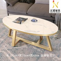 苏宁放心购大理石椭圆形茶几简约现代创意大堂铁艺小户型客厅金色茶几桌 长120*宽70*高45金脚鱼肚白 整装新款简约