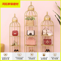 苏宁放心购创意橱窗展示架铁艺金色服装店陈列架鸟笼置物收纳包包鞋架落地式新款简约