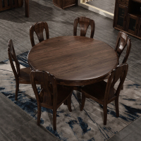 家具黑胡桃木餐桌全实木圆餐桌一桌六椅组合简约现代中式饭桌