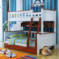 实木床上下床母子床高低双层床地中海组合梯柜床松木床红白色床下有抽