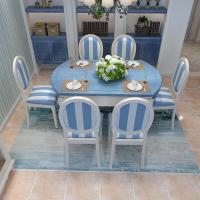 地中海风格蓝色可伸缩折叠实木餐桌椅组合6人多功能圆形饭桌子
