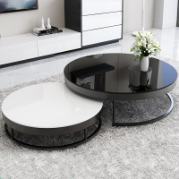 北欧理石可伸缩小茶几现代简约创意圆形钢化玻璃客厅小户型茶桌黑+小白(理石面)整装