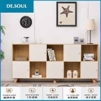 矮书柜北欧带书架置物架收纳小木方格柜子家用单个储物矮边柜 横10格原木色带白铜拉手 1.2-1.4米宽