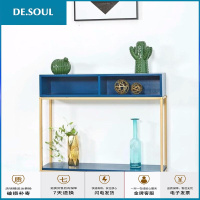 安墨染 家具北欧铁艺实木玄关台现代简约厅玄关柜创意墙边台案隔断书桌 金色+宝石蓝 110*28*100